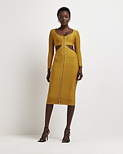 Yellow cut out zip midi bodycon dress