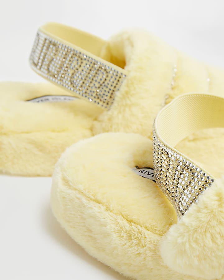 Yellow diamante RI branded faux fur slippers