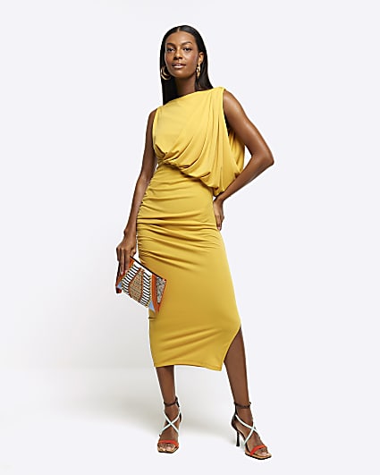 Yellow drape bodycon midi dress