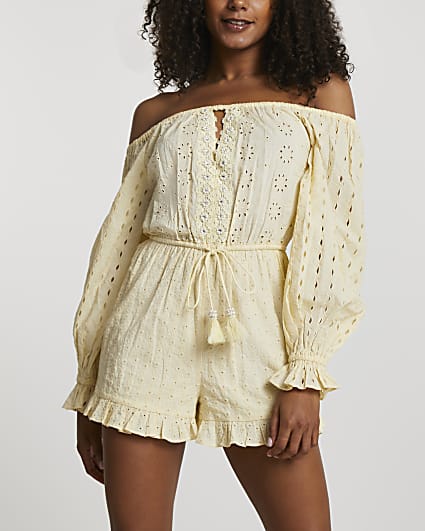 Yellow embellished broderie playsuit