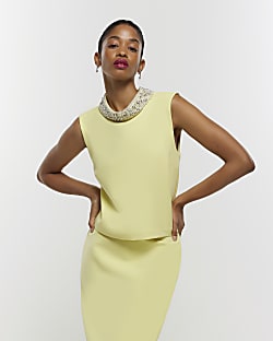 Yellow embellished collar sleeveless top