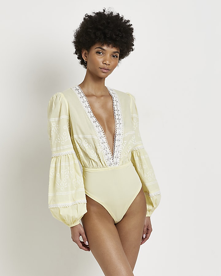Yellow embroidered lace bodysuit