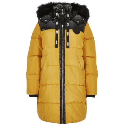 yellow puffer coat with fur hood