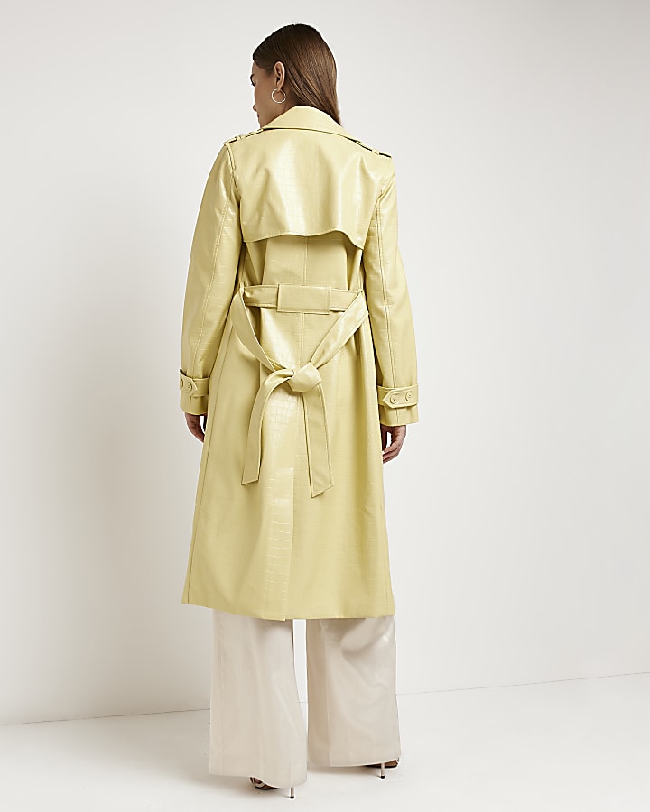 Yellow faux leather longline trench coat
