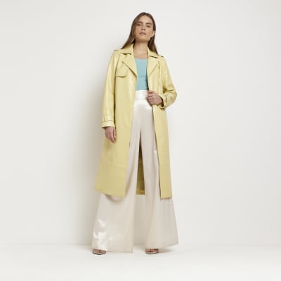 Yellow faux leather longline trench coat