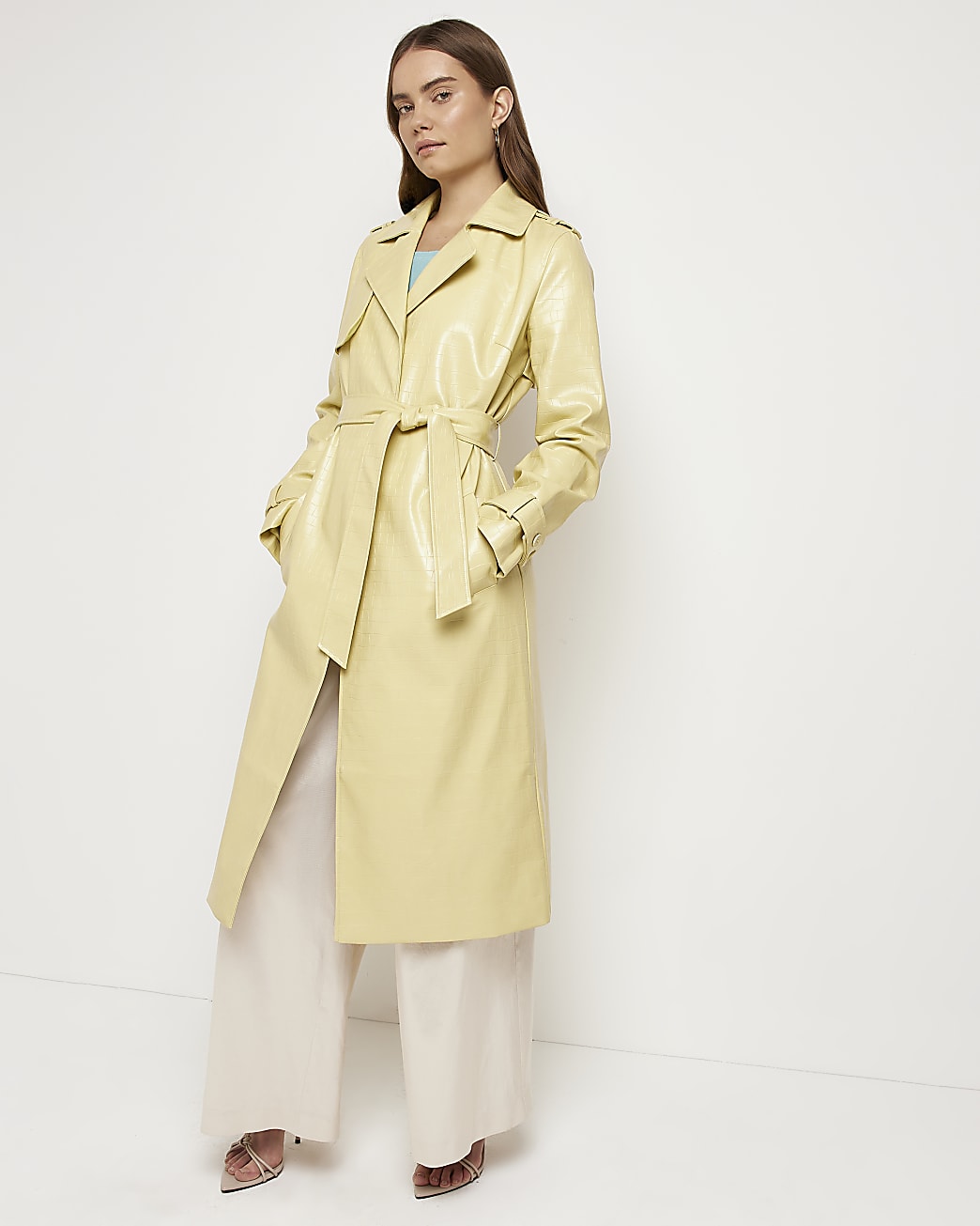 
Yellow Faux Leather Longline Trench Coat, River Island