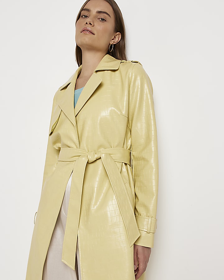 Yellow faux leather longline trench coat