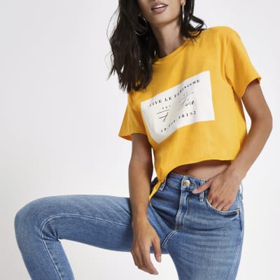 Yellow 'females of the future' crop T-shirt