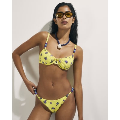 Yellow Floral Beaded Low Rise Bikini Bottoms