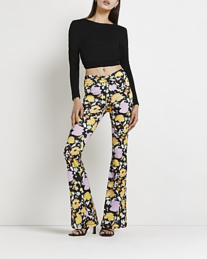 Yellow floral flared trousers