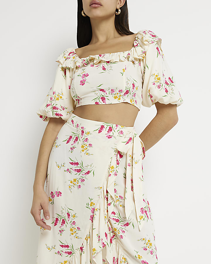 Yellow floral frill crop top