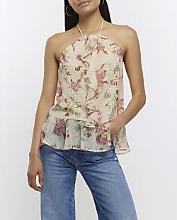 Yellow floral frill halter neck blouse