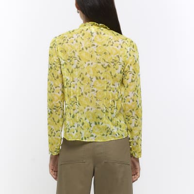 Yellow floral long sleeve ruffle blouse
