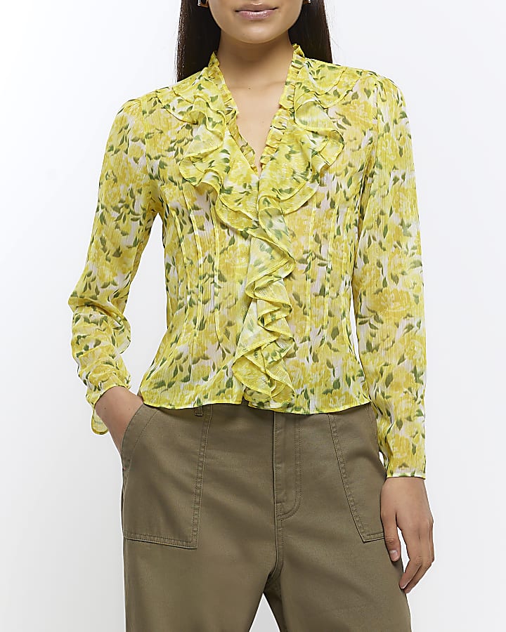 Yellow floral long sleeve ruffle blouse