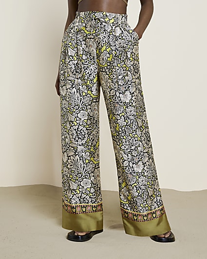 Yellow floral pleated wide leg trousers