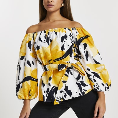 Yellow floral print bardot top | River 