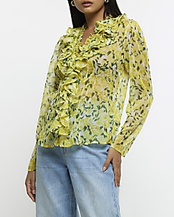Yellow floral print ruffle blouse