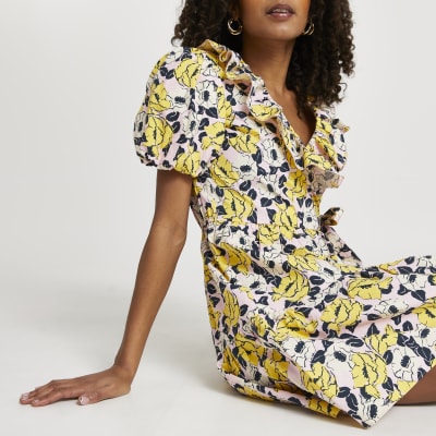 Yellow floral print short sleeve wrap dress | River Island