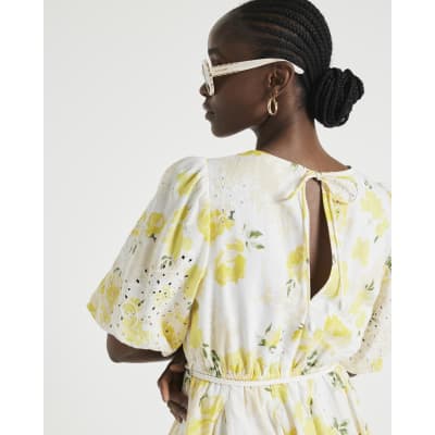 Yellow floral puff sleeve swing mini dress River Island