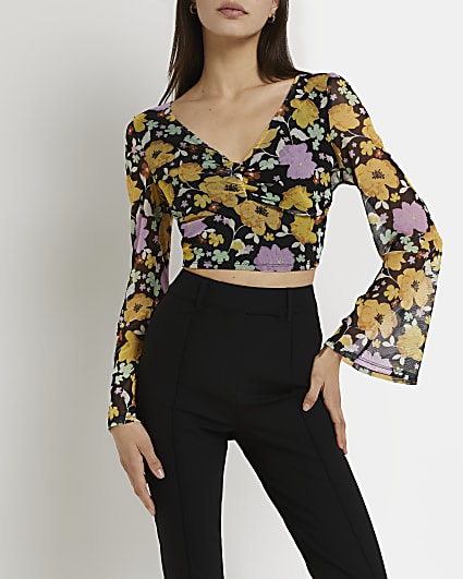 Yellow floral ruched detail crop top