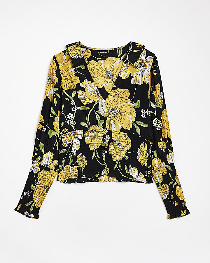 Yellow floral shirred blouse