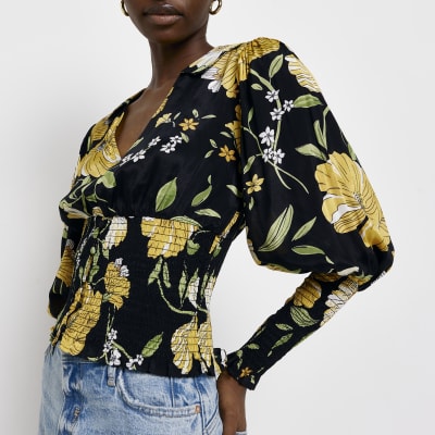 Yellow floral shirred blouse River Island
