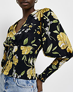 Yellow floral shirred blouse