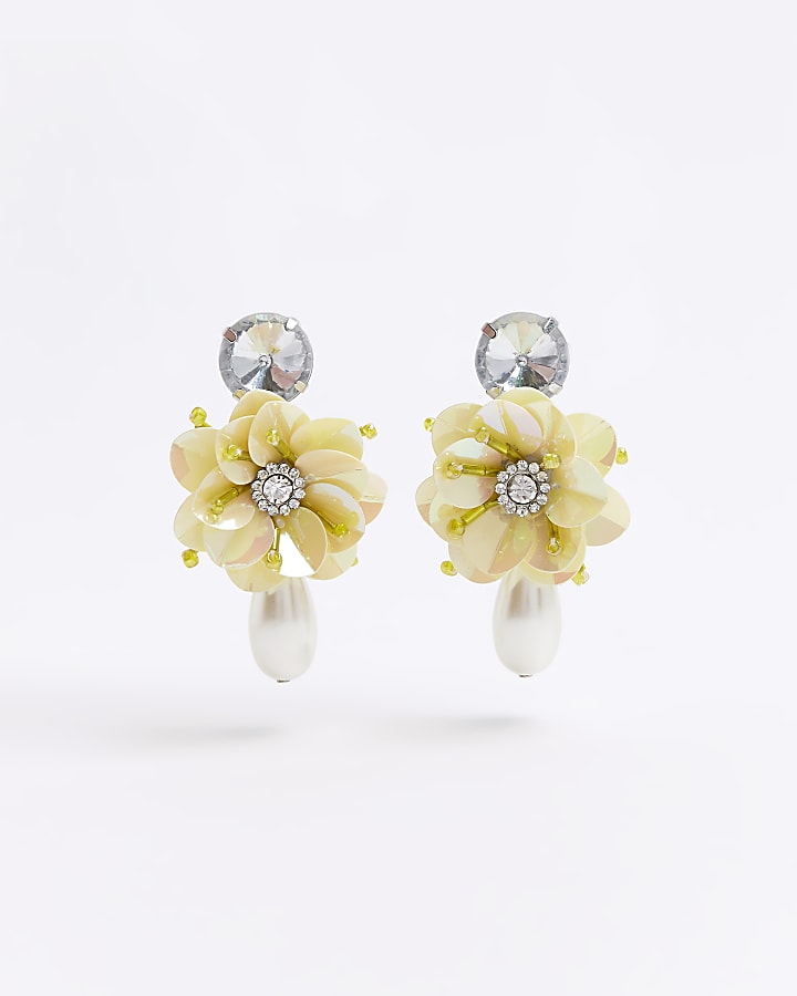 Yellow flower and pearl drop earrings