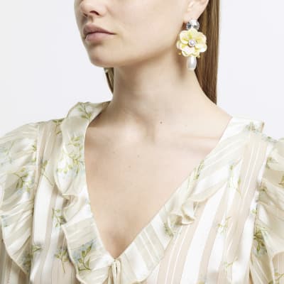 Yellow flower and pearl drop earrings