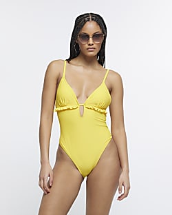 Yellow frill detail plunge swimsuit