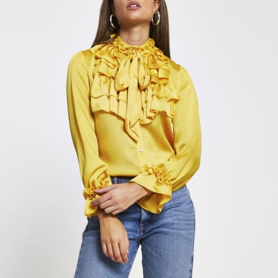 Yellow frill neck long sleeve blouse 