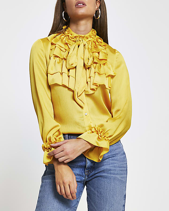 Yellow frill neck long sleeve blouse top
