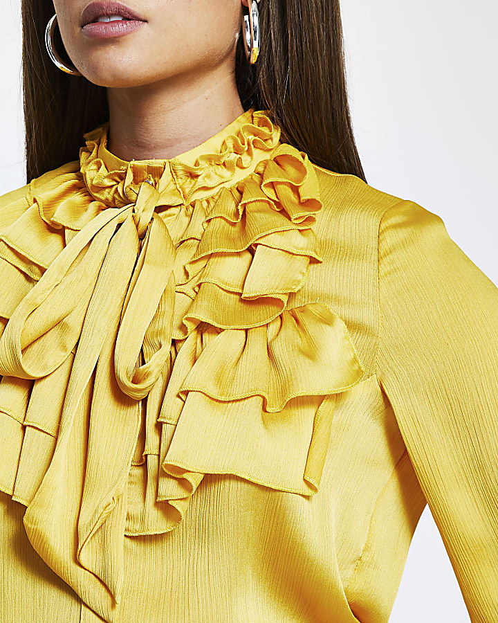 Yellow frill neck long sleeve blouse top