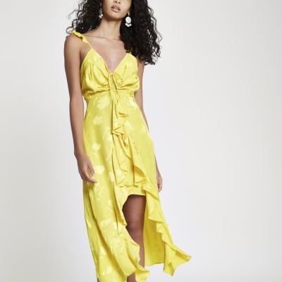 Yellow frill slip cami midi dress