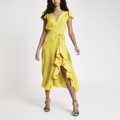 Yellow frill tie waist midi dress