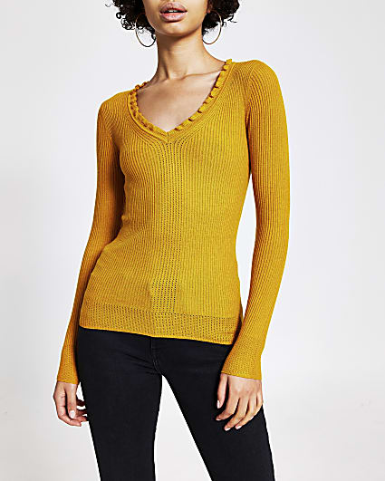 Yellow frill V neck rib knitted jumper