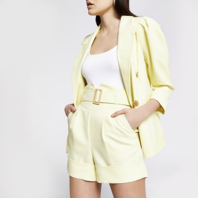 Yellow high corset belted waist shorts