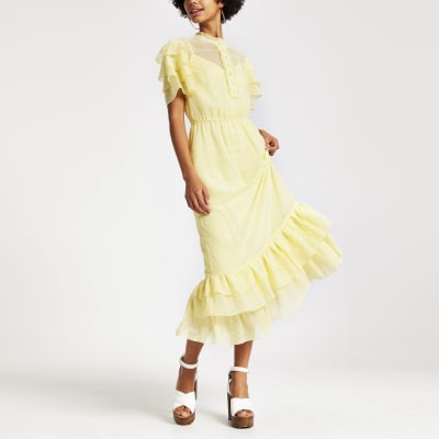 river island midi dress with belt detail in yellow