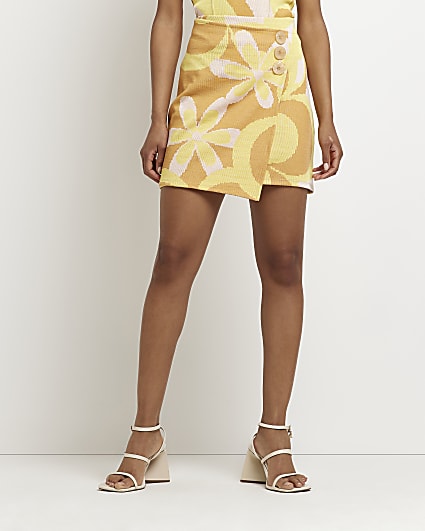 Yellow jacquard floral  mini skirt