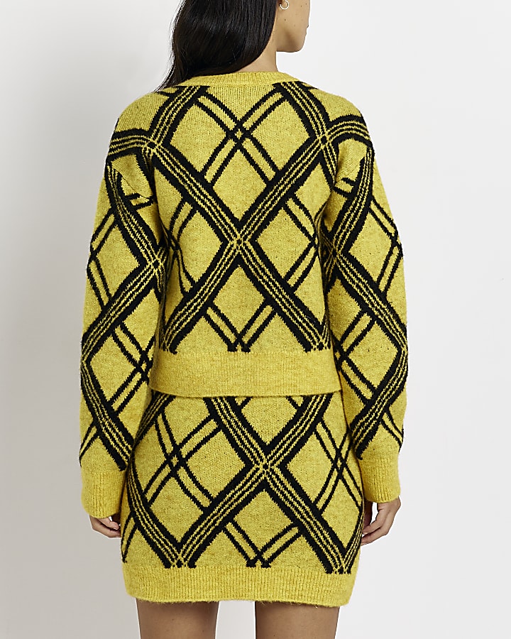 Yellow knit check cardigan