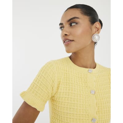 Yellow Knit Frill Trim Short Sleeve Cardigan