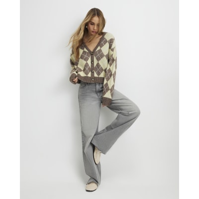 Yellow Knitted Argyle Long Sleeve Cardigan