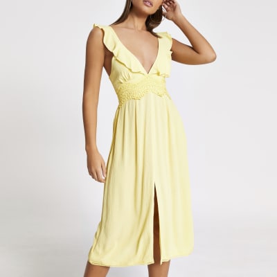 Yellow lace frill plunge midi beach 