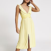 Yellow lace frill plunge midi beach dress