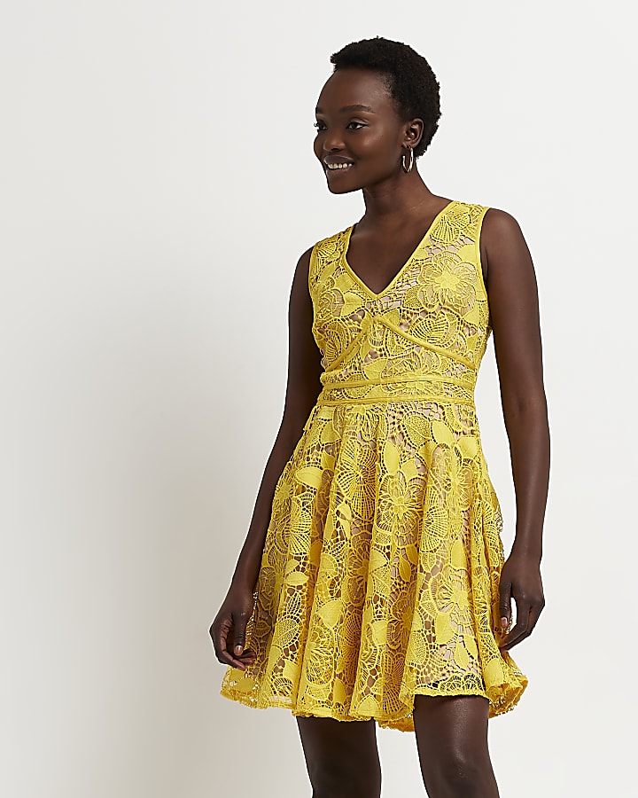 Yellow lace mini dress