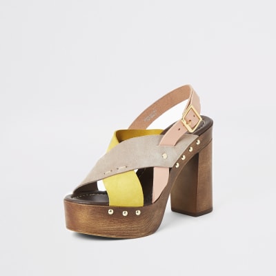 Yellow leather cross strap platform sandals