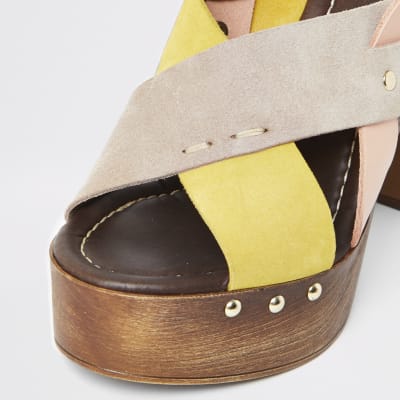 Yellow leather cross strap platform sandals