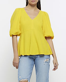 Yellow linen blend puff sleeve blouse