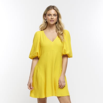 Yellow linen blend smock mini dress