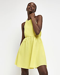 Yellow linen halter neck mini dress
